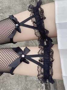 Bow Decor Fishnet Over The Knee Socks,Lace Garter Belts For Women, Black & White Sheer Stockings, Fishnet Lace Suspender Stockings, Punk Style Garter Belt, Sexy Suspender Belt, Thigh Garter, Sheer Breathable Over-The-Knee Socks, Leg Garter For Women, Fashion Accessories Suitable For Cosplay, Parties, Nightclubs And Formal Events,Valentine's Day,Valentines - Black - View 2