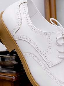 Premium Men's Formal Shoes, Derby Oxfords, Shoes, Lace-Up, Fashionable , Perforated Embroidery Mesh Design, Comfortable, Luxurious, Formal Dress, Wedding, Suitable For Various Occasions, All Season - White - View 8