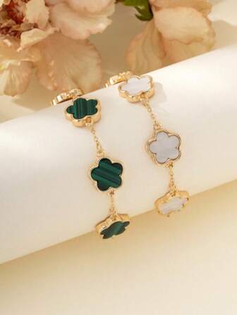 2 pièces/set Bracelets mode classiques avec design de trèfles verts et blancs