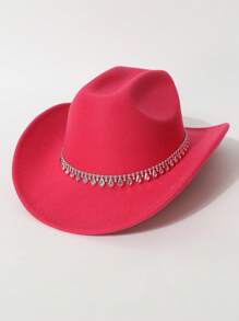 1 Peça Chapéu de Feltro Unissex, Chapéu de Feltro de Lã de Cor Sólida e Plano na Parte Superior com Decoração de Cinto em Formato de Diamante, Chapéu de Cowboy Ocidental Estiloso, Adequado para Noiva, Apresentação, Festa, Uso Externo, Todas as Estações