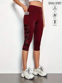 女式几何网眼瑜伽裤，黑色透气速干跑步健身紧身裤，户外运动打底七分紧身裤，女式网眼拼布瑜伽短裤高腰运动七分裤，女式健身口袋紧身裤新款秋季健身服