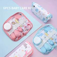 Set di 6 pezzi per la cura del bambino con borsa da viaggio - Set da viaggio portatile per neonati con spazzola da bagno, tagliunghie, lima, forbici e aspiratore nasale - Plastica durevole, multicolore, regalo ideale per nuovi genitori