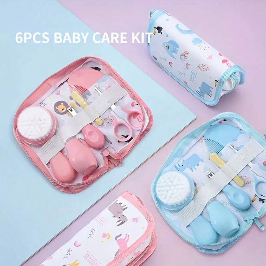 Set di 6 pezzi per la cura del bambino con borsa da viaggio - Set da viaggio portatile per neonati con spazzola da bagno, tagliunghie, lima, forbici e aspiratore nasale - Plastica durevole, multicolore, regalo ideale per nuovi genitori