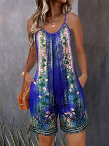 Spring&Summer New All-Over Printed Women's Suspender Jumpsuit-Summer Outfits For Women, New Geometric Pattern Summer Sleeveless Jumpsuit For Vacation Outfits Women, Daily Jumpsuit For Women
