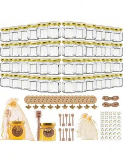48 Pack 1.5 Oz Mini Honey Jars With Dipper, Glass Hexagon Honey Jar For Wedding Favors, Empty Glass Jars For Party Favor