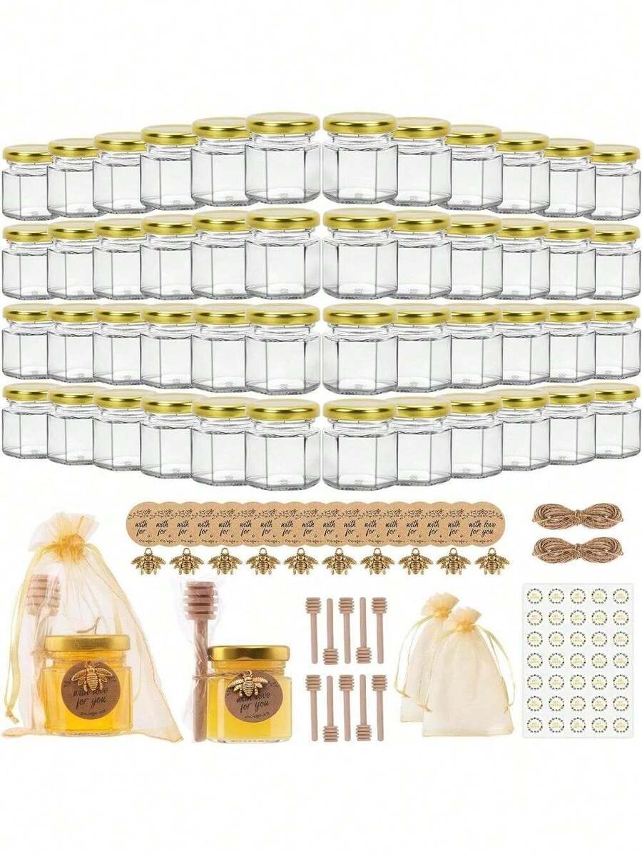 48 Pack 1.5 Oz Mini Honey Jars With Dipper, Glass Hexagon Honey Jar For Wedding Favors, Empty Glass Jars For Party Favor