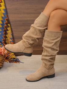 European And American, Warm Elastic Boots, Versatile Low Heel Square Toe Western Cowboy Boots, Autumn/Winter Plus Size Long Boots, Boots, Boot - Khaki - View 4