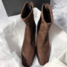 Bottines à talon épais bout carré patchwork extensibles bottes fines à talon haut célébrité internet amincissantes pour femmes - Noir - Voir 6