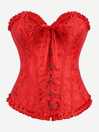 经典束胸紧身胸衣，露肩甜美修身紧身衣，荷叶边腰部束腰上衣，适合化妆舞会、万圣节，红色