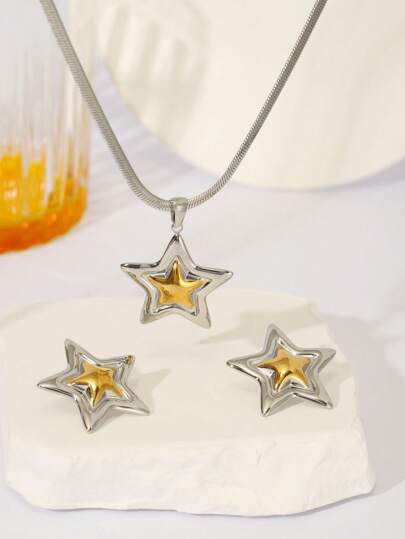 Gold & Silver Mixed Color Stainless Steel Necklace & Earring Jewelry Set, Fashionable & High-End