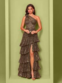 Women's Corset Fishbone Handmade 3D Flower Embroidered Sequin Slanted Shoulder Slit A Line Sexy Dress Adjustable Back Strap Suitable For Different Body ,Elegant Luxurious Long Dress For Women, Making Women Younger And More Charming, Suitable For Various Parties, Graduations, Weddings, Events And Various Banquets Dancing Parties, Formal Ball Gown Party Dress, Wedding Guest Dress ,Evening Dress(Deluxe Edition) - 咖啡棕 - 查看 5
