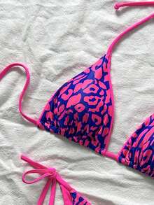 2件套女士豹纹细肩带系带性感比基尼套装，适合海滩度假和万圣节穿着，2025年夏季款 - 玫紅藍 - 查看 4