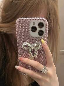 Bow-Knot Creative Minimalist Fashion Glass Crystal Wrapped Bowknot Phone Protective Case, Compatible With IPhone 16 Pro Max/15 Plus/XR, Anti-Drop Shiny Cover For Women