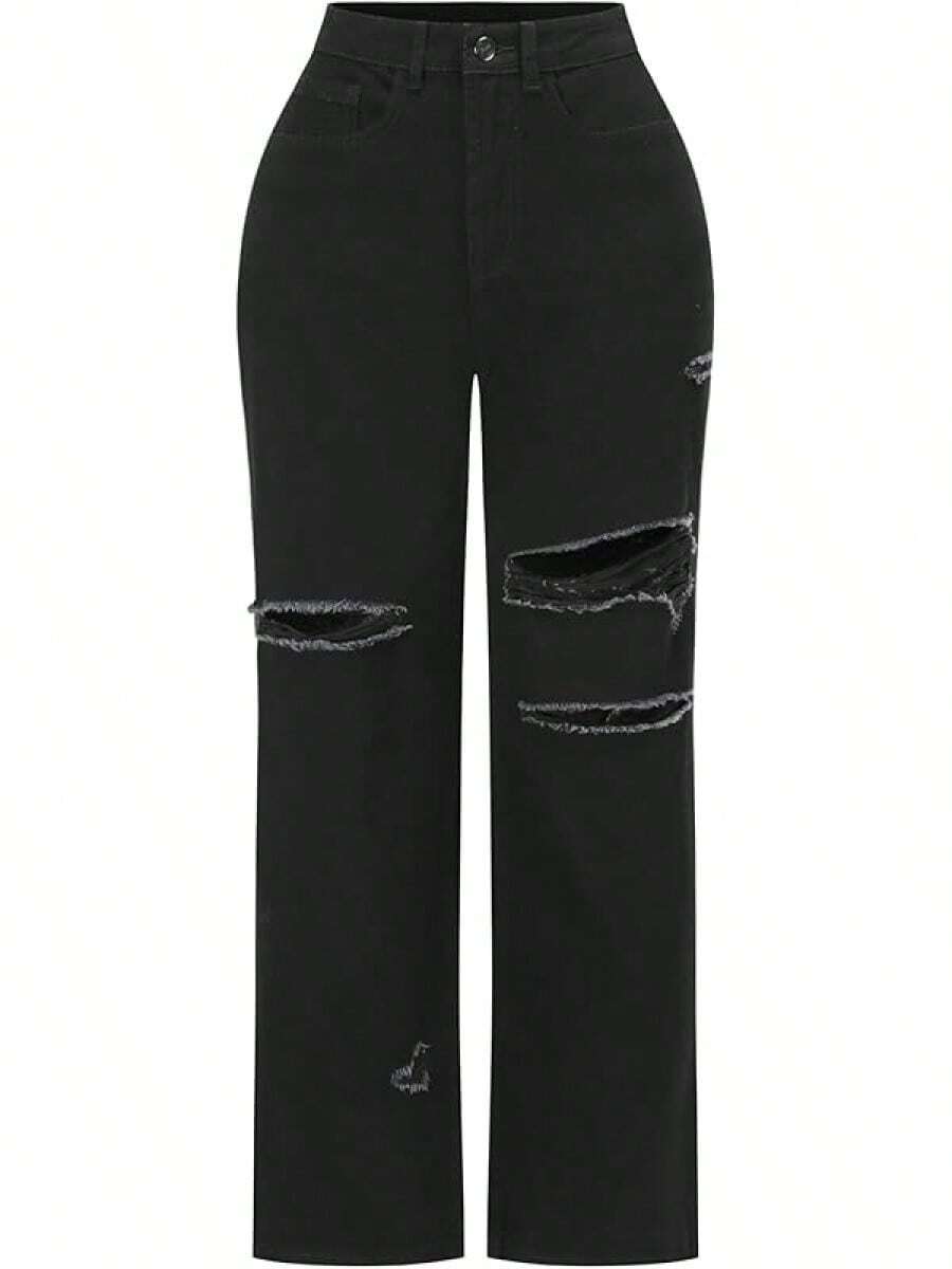 THUNDER Womens High Waisted Wide Leg Jeans Stretchy Distressed Pants - Black - View 1