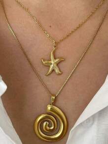 Set de 2 piezas de collar con aro texturizado y estrella de mar, chapado en oro de 18k, elegante y versátil para uso diario, vacaciones, playa y fiestas