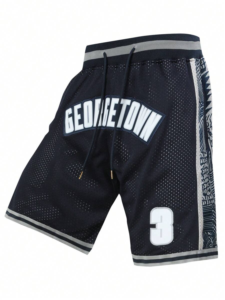 Atonmore 3pcs Men Basketball Shorts, Vintage Mesh Embroidery Zip Pocket Sports Shorts, Navy Blue - 藍色 - 查看 1