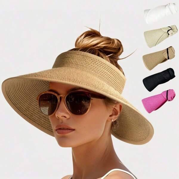 1 pieza Sombrero de sol sin ala plegable para mujer, sombrero de paja informal para verano con protección UV
