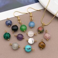2 piezas Colgantes de piedra natural redondos y planos Encantos de piedra natural de acero inoxidable para hacer pendientes, collares, pulseras y joyería de 9x12mm