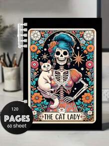 1 件 A5 猫塔罗牌螺旋笔记本 - 120 页横线内页，PP 封面采用哥特式女巫设计，带有骷髅和猫，黑白格纹连衣裙线日记本，学生课堂记事本，适合返校季、新学期、办公用品