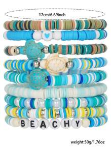 Juego de 9 piezas de pulseras hechas a mano con elementos de perla de resina, circonita cúbica y en forma de corazón y tortuga, estilo océano, adecuado para el uso diario y la playa de las mujeres