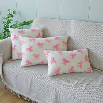 1 szt. Różowa pluszowa poszewka na poduszkę dekoracyjną z haftowaną kokardą, poszewka na poduszkę na sofę do sypialni i salonu, poszewka na poduszkę, poszewki na poduszki