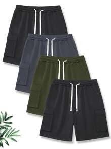 4pcs Men's Basic Solid Cargo Shorts, Drawstring Waist Regular Fit Casual Outdoor Shorts With Pockets, Suitable For Daily Wear, Outdoor, Sports, Running, Golf, Fishing, Basketball, Camping, Gym, Swimming And Beach