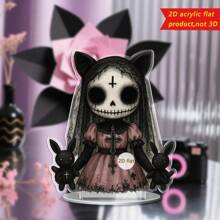 1 pieza Decoración de escritorio de muñeca de horror gótico 2D de acrílico, diseño plano 2D único con cabello rosa, calavera blanca, rosa negra y atuendo delicado, adecuado para Halloween, bares, cafeterías o regalos para amigos