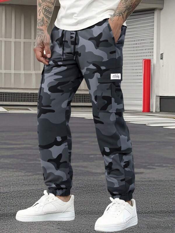Men's Camo Cargo Pants With Adjustable Drawstring And Multiple Pockets - Regular Fit Casual Trousers, Suitable For Outdoor Activities, Fashionable Design, Durable Construction, Active Lifestyle