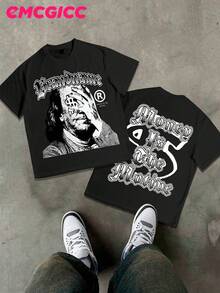 EMCGICC Y2k, Money, Fun Patterns, Men's Summer Short Sleeved Pure Cotton Comfortable And Breathable Outdoor Street Round Neck T-Shirt, High-Quality Fashion Brand, A Surprise Gift For Family And Friends. - màu đen - Xem 1