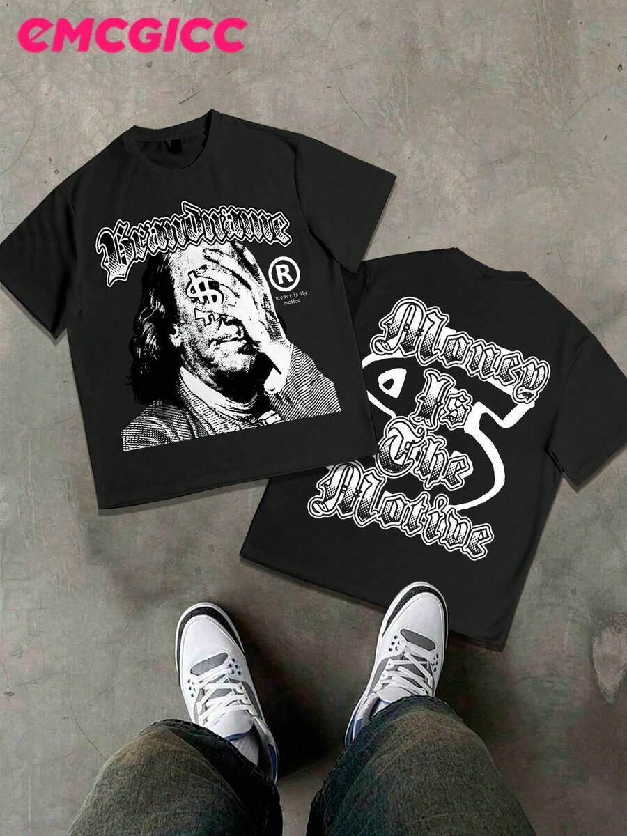 EMCGICC Y2k, Money, Fun Patterns, Men's Summer Short Sleeved Pure Cotton Comfortable And Breathable Outdoor Street Round Neck T-Shirt, High-Quality Fashion Brand, A Surprise Gift For Family And Friends. - màu đen - Xem 1