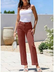 Sidefeel Women's Jeans High Waisted Straight Leg Stretchy Jeans Welt Pockets Loose Wide Leg Zimbaplatinum Pants - Mineral Red - View 6