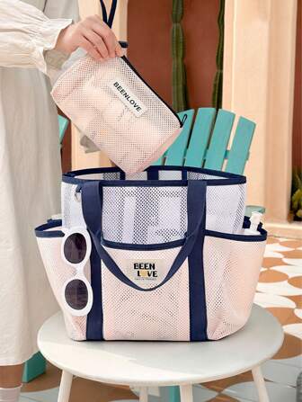 1pc Summer Large Capacity High-End Makeup Bag, Lightweight Travel Cosmetic Organizer, Mesh Beach Quick Dry Toiletry