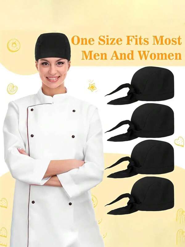 1pc, 2pcs, 4pcs Adjustable Chef Cap, Unisex Professional Kitchen Cooking Hat, Non-Elastic Polyester, Breathable Black Chef Bandana, Machine Washable, Ideal For Food Service With Printed Detail