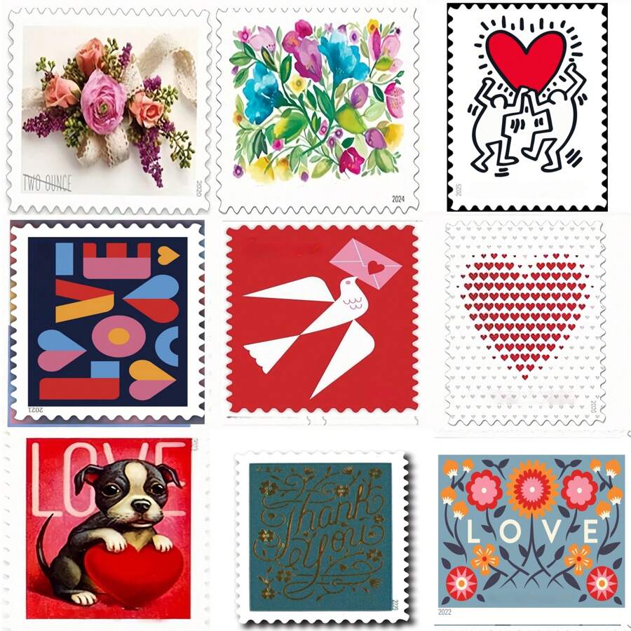 100 sellos de primera clase hechos de corazones para recuerdos de boda, conmemoración, recuerdos de boda, sellos de EE. UU. en libreta