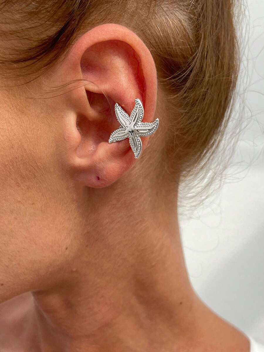 1 件夏季度假风格海星贝壳 C 形耳夹，简约金属海星耳环