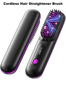 PinkSings Cordless Hair Straightener Brush With LCD Display Temperature Adjustable, Portable Mini Straightening Brush For Travel, Negative Ion Hot Comb For Women Styling Hair Styler, Anti-Scald, Ceramic Coating