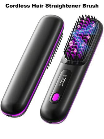 Cordless Hair Straightener Brush With LCD Display Temperature Adjustable, Portable Mini Straightening Brush For Travel, Negative Ion Hot Comb For Women Styling Hair Styler, Anti-Scald, Ceramic Coating