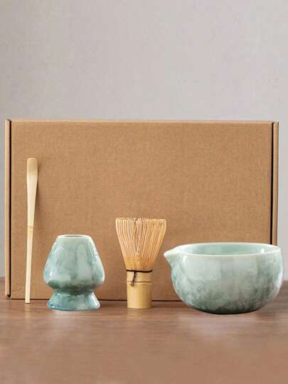 1件/2件/3件/4件 宝石绿晶彩陶瓷抹茶四件套 - 抹茶碗、抹茶打蛋器、抹茶杯、搅拌棒。抹茶冲泡工具套装、甜点烘焙工具套装、茶饮制作工具套装。日式抹茶爱好者礼盒套装