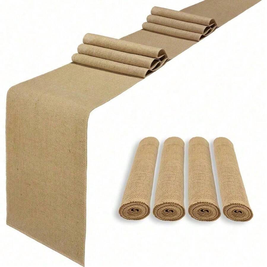 paquete de 6 Caminos de mesa de arpillera natural de 12 x 72 pulgadas, tapetes y caminos de mesa de yute rústicos a granel para decoraciones de mesa de boda del oeste, estilo de granja, fiesta, vacaciones, decoración de mesa de café de cocina - Paquete de 4 de 12 x 120 pulgadas - Ver 1