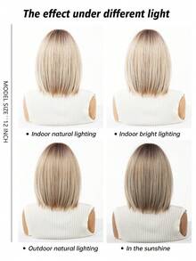 Perruque dégradé brun noir doré de 12 pouces, coiffure au carré droite avec frange pour femmes, en fibre synthétique résistante à la chaleur, et polyvalente, convient aux femmes et aux filles pour un usage quotidien, les fêtes, le cosplay, la photographie et plus encore - Blond ombré - Voir 8