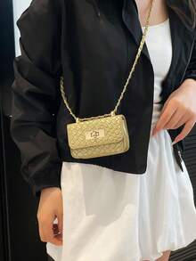 Mini bolso cuadrado, textura trenzada, costura acolchada, nuevo bolso de mujer, bolso de hombro con patrón de rombos de alta calidad, bolso bandolera con cadena trenzada, bolso cruzado con solapa para lápiz labial, accesorio de bolso de mujer lindo