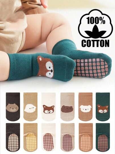 6 paia di calzini in cotone con motivi di cartoni animali antiscivolo per bambini, calzini da interno per bambini piccoli, calzini morbidi con suola per neonati maschi e femmine