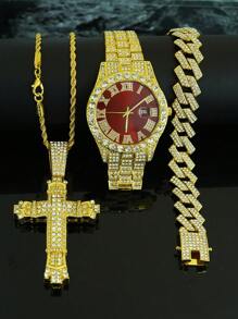 1 Set Confezione regalo uomo con ciondolo a croce 3D con catena intrecciata, bracciale con diamanti e orologio, regalo di moda di alta qualità personalizzato per amici