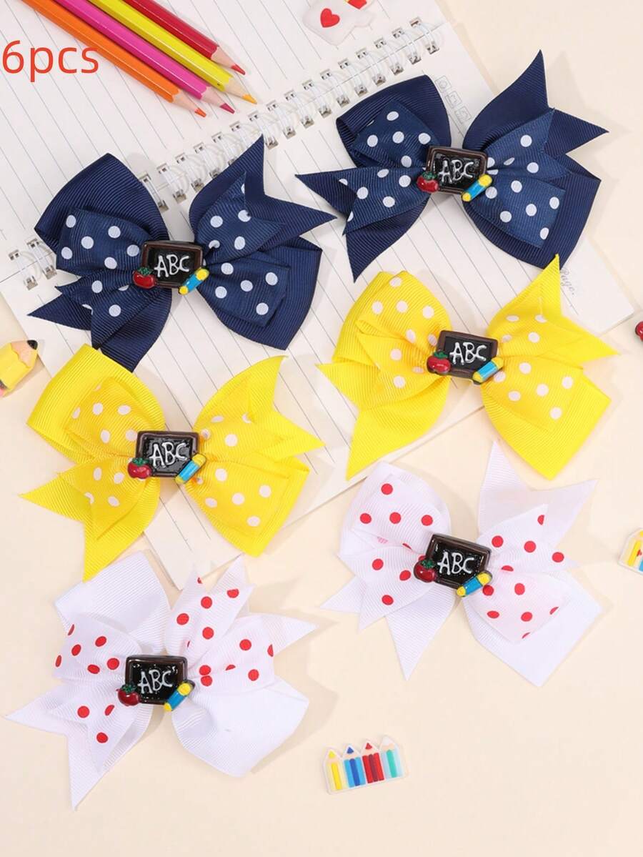 6 件装开学季彩色布艺蝴蝶结发夹、黑板装饰发饰、时尚发饰，适合儿童、幼儿、学生派对礼物 - 彩色 - 查看 1