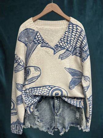 Women's Oversized Fashion Casual Comfortable Large V-Neck Long Sleeve Loose Sweater Pullover Artistic Abstract Design Fish Print Sweater Sweaters For Women Fall/Winter Clothes For Women Tops