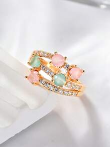 1pc 18K Gold Plated Fashion Cat's Eye Gemstone Ring,Pink And Green Crystals Open End Adjustable Ring,Summer Beach Vacation Accessory,Suitable For Women's Daily Wear,Wedding,Dating,Party,Holiday,Valentine's Day Gift,Fine Jewelry Gift.