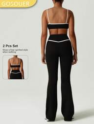 GOSOUER 2 Pieces Sports Set Women Contrast Color Fashion Workout Sports Bra And High Waist No Front Seam Gym Dance Flared Pants
