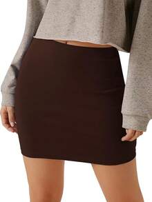 Women's Basic High Waisted Pencil Bodycon Short Skirt - Chocalate Brown - View 5
