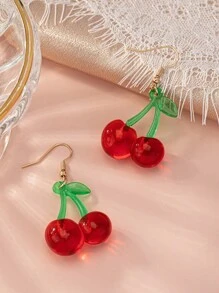 Boucles d'oreilles pendantes en forme de cerise mignonne pour femmes, design de fruits en résine rouge vif avec feuilles vertes, style coréen, parfait pour les tenues d'été, les fêtes et les looks chics quotidiens