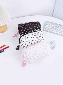 1 件蝴蝶结图案涤纶材质精致铅笔袋，3 种颜色选择宽敞的空间设计文具收纳袋，便携式时尚学生学习用品，开学季送给朋友的文具礼物，铅笔盒，铅笔袋，书包学习用品，回到学校 - 彩色 - 查看 1